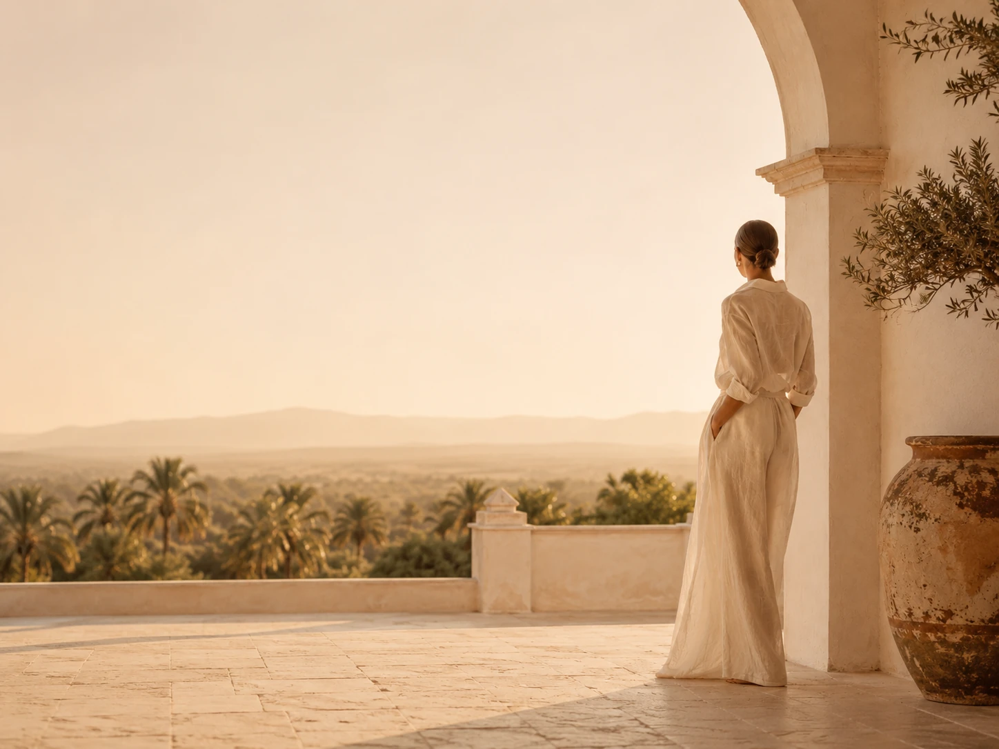 Mujer contemplando el paisaje desde una hacienda privada